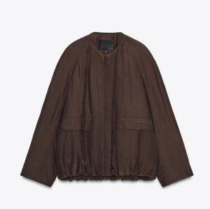 Zara Zw Collection Dark Brown Relaxed Quilted Pocket Jacket Sz-M